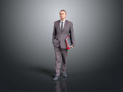 Man in Gray Suit Holding Red Folder Standing Against Gray Background 3d model
