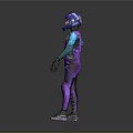 Person In Purple And Blue Jumpsuit With Helmet Standing On Gray Background