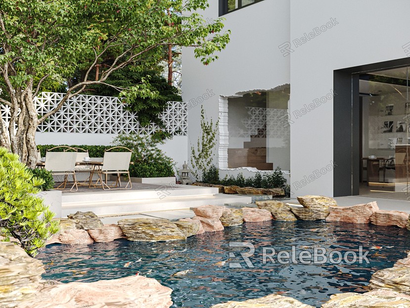 Modern Courtyard Villa Courtyard Landscape Garden Sofa Coffee Table Rattan Leisure Chair Anticorrosive Wood Floor Tree Pool Landscape Plants model