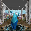 Cartoon Scene With Ocean Background Golden Throne Characters Pillars Coral Plants Patterned Carpet And Lights