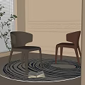 Gray And Brown Modern Dining Chairs On Blue White Spiral Pattern Rug With Decorative Wall