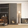 Modern Fireplace Design With Black Wall White Shutters Wood Pile Brown Chair And Floor Lamp