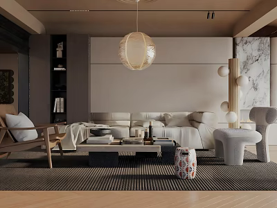 Modern Living Room Interior Design With Beige Sofa Pendant Light And Coffee Table Rug 3d model