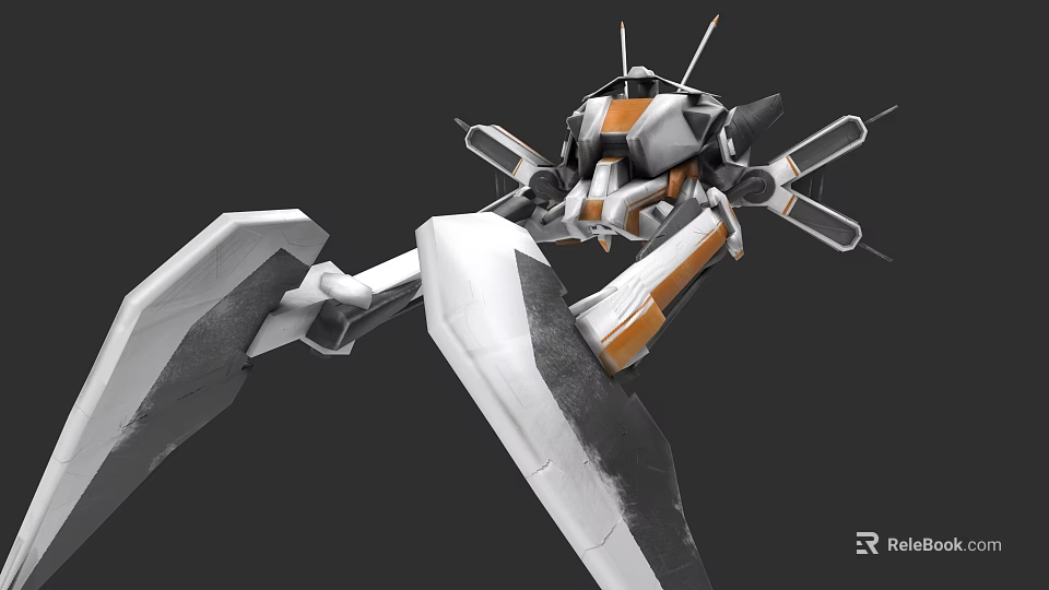 White and Orange Mechanical Robot 3D Model With Articulated Joints And Antenna Components 3d model 