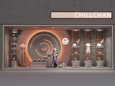 CHILLCHAN Store Window With Curved Design Mannequin Clothing And Glass Display Cases 3d model