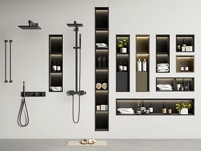 Modern Bathroom Accessories Including Shower Sets Wall Mounted Shelves Towels And Toiletries 3d model