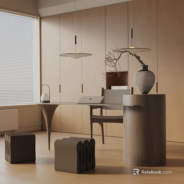 Modern Dining Table Set With Wooden Table Minimalist Chairs And Pendant Lights 3d model 