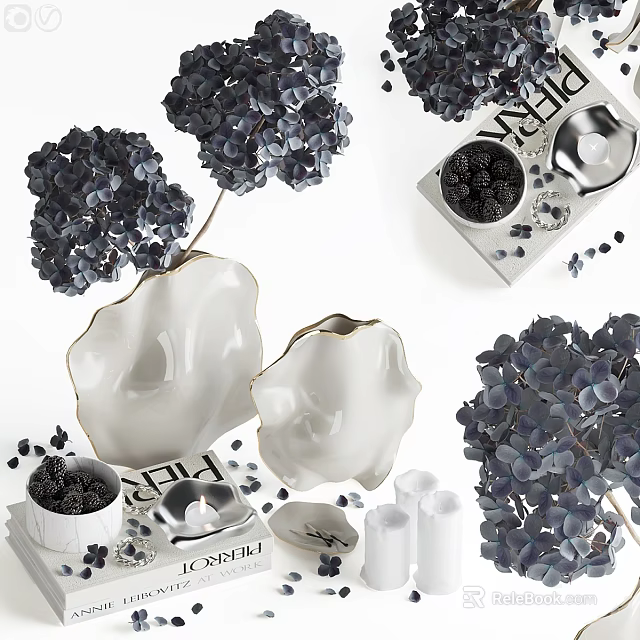 White Ceramic Vases Decorated With Purple Hydrangea Flowers And Blackberry Accents 3d model 