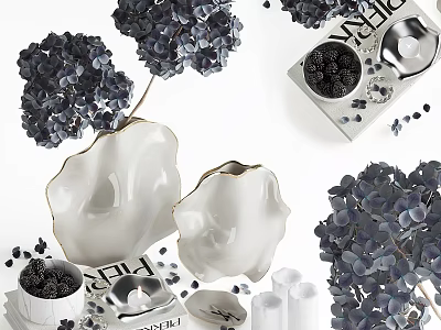 White Ceramic Vases Decorated With Purple Hydrangea Flowers And Blackberry Accents 3d model