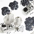 White Ceramic Vases Decorated With Purple Hydrangea Flowers And Blackberry Accents