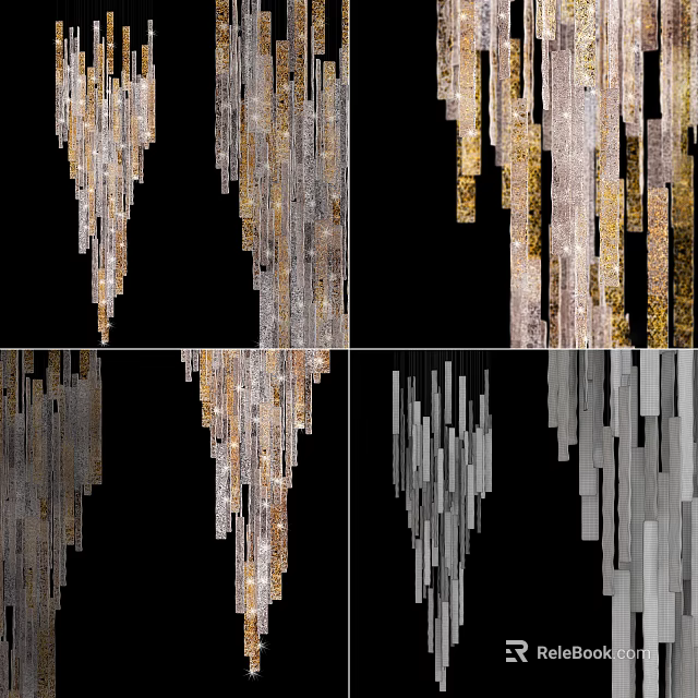 Elegant Modern Chandelier Design With Gold And Silver Metal Linear Hanging Strips 3d model 