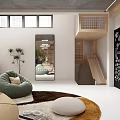 Modern Basement With Staircase Green Plant Bookshelves And Cozy Seating