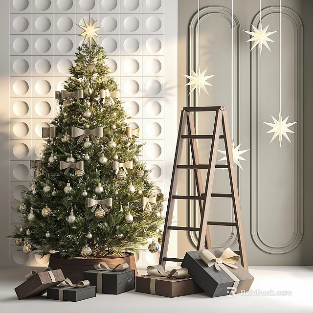 White Circular Textured Wall Decor with Christmas Tree Ladder Star Ornaments and Gift Boxes 3d model 