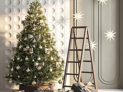 White Circular Textured Wall Decor with Christmas Tree Ladder Star Ornaments and Gift Boxes 3d model