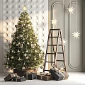 White Circular Textured Wall Decor with Christmas Tree Ladder Star Ornaments and Gift Boxes