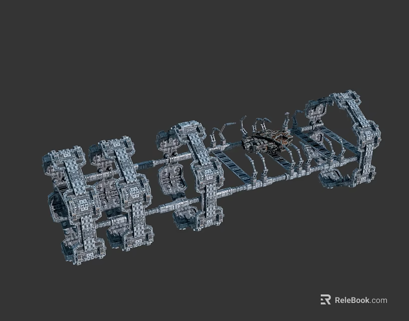 Cartoon Scene Of Mechanical Framework With 3D Parts And Silver Gray Design On Dark Background 3d model 