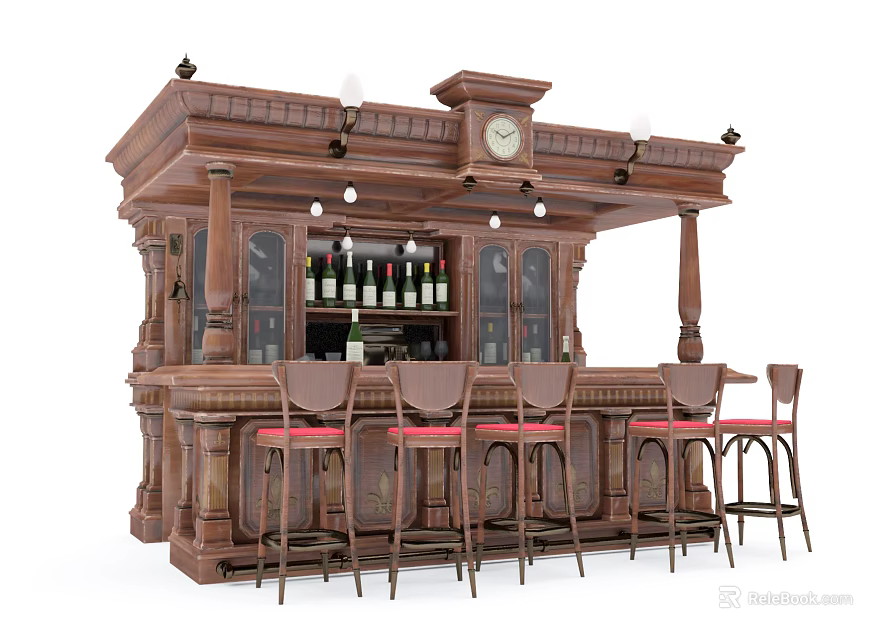Vintage Wooden Bar Featuring Clock Wine Rack and Red Cushioned Bar Stools 3d model 
