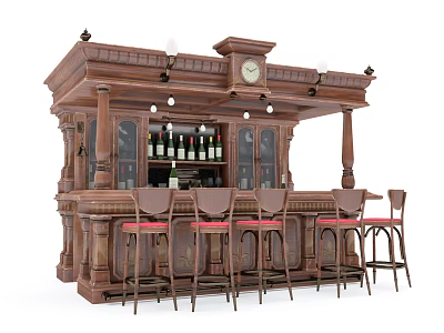Vintage Wooden Bar Featuring Clock Wine Rack and Red Cushioned Bar Stools 3d model