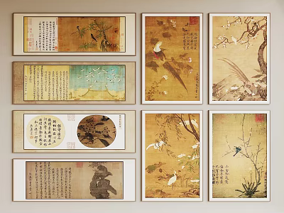 Traditional Chinese Paintings with Flower Bird Themes and Calligraphy Artwork in Framed Scrolls 3d model