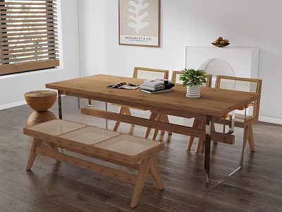 Wooden Dining Table Set with Chairs Bench Magazines Potted Plant and Wooden Blinds 3d model