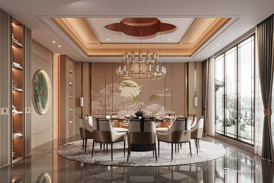Chinese Style Private Dining Room With Round Table Elegant Chairs Chandelier And Large Windows 3d model 