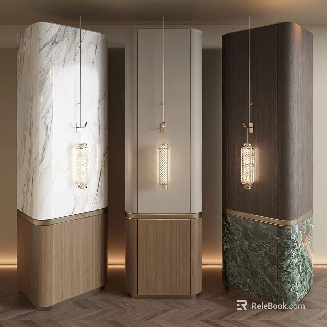 Elegant White Marble And Dark Wood Pillars With Crystal Pendant Lights And Green Marble Bases 3d model 
