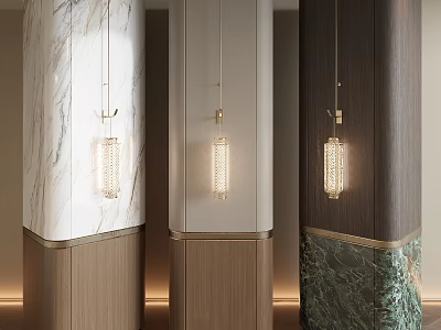 Elegant White Marble And Dark Wood Pillars With Crystal Pendant Lights And Green Marble Bases 3d model