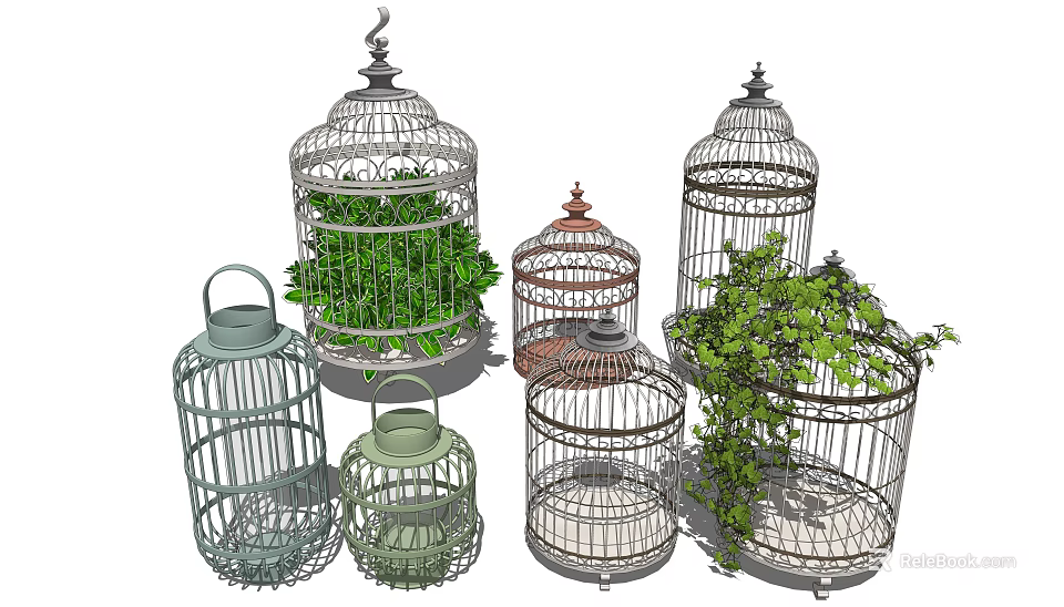 Vintage Birdcage Decorative Ornament Set with Green Plants and Various Styles 3d model 