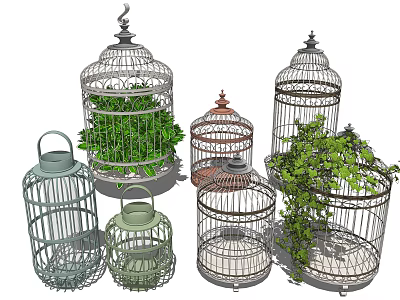 Vintage Birdcage Decorative Ornament Set with Green Plants and Various Styles 3d model