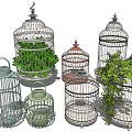 Vintage Birdcage Decorative Ornament Set with Green Plants and Various Styles