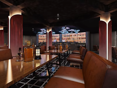 Elegant Modern Restaurant Interior With Leather Seats Wooden Tables And Wine Racks 3d model