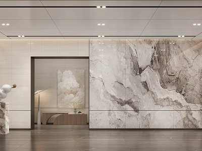 Elegant Modern Lobby Interior With Marble Wall Design And Ceiling Lighting Fixtures 3d model
