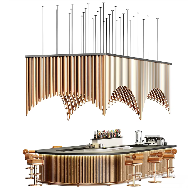 Modern Bar Area Interior Design With Wooden Slat Pendant Light And Bar Stools 3d model 