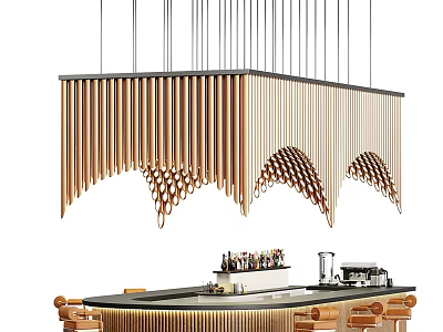 Modern Bar Area Interior Design With Wooden Slat Pendant Light And Bar Stools 3d model