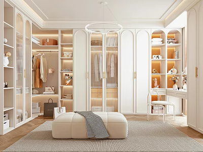 Modern Elegant Walk In Closet Interior With Storage And Ottoman 3d model