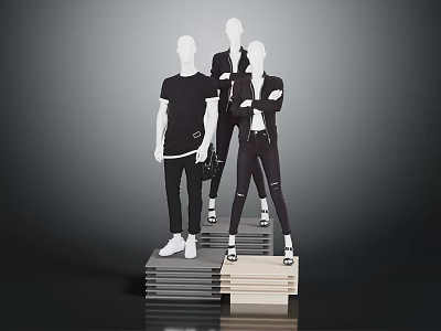 Fashion Mannequins Dressed in Black Outfits Standing on Layered Platform Against Gray Background 3d model