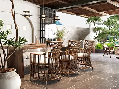 Elegant Reception Room With Wicker Chairs Wooden Furniture And Green Plants Pendant Lights 3d model