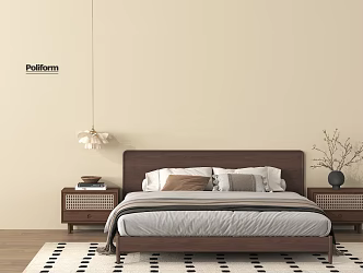 Silent Double Bed Fabric Double Bedside Cabinet Chandelier 3d model