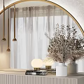 Minimalist Dressing Table With Round Gold Frame Mirror And Dried Flower Decor