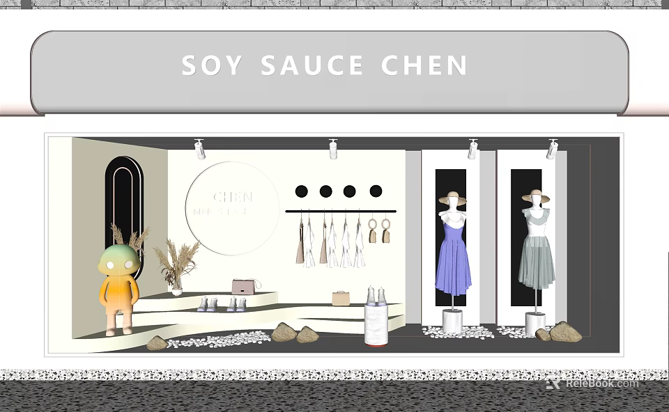 Soy Sauce Chen Storefront Window with Mannequins Dresses Clothing and Decorative Plants 3d model 