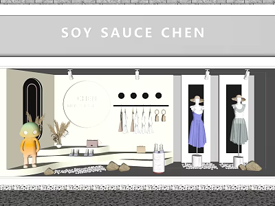 Soy Sauce Chen Storefront Window with Mannequins Dresses Clothing and Decorative Plants 3d model