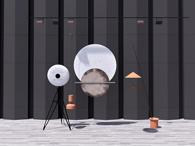 Modern Lighting Fixture Combination With Round White Lamps And Black Metal Stands 3d model