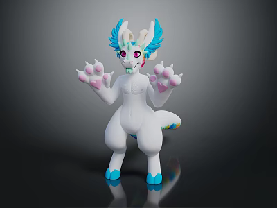 3D Fantasy Creature Character With White Body Turquoise Ears Pink Paws Purple Eyes And Colorful Tail 3d model
