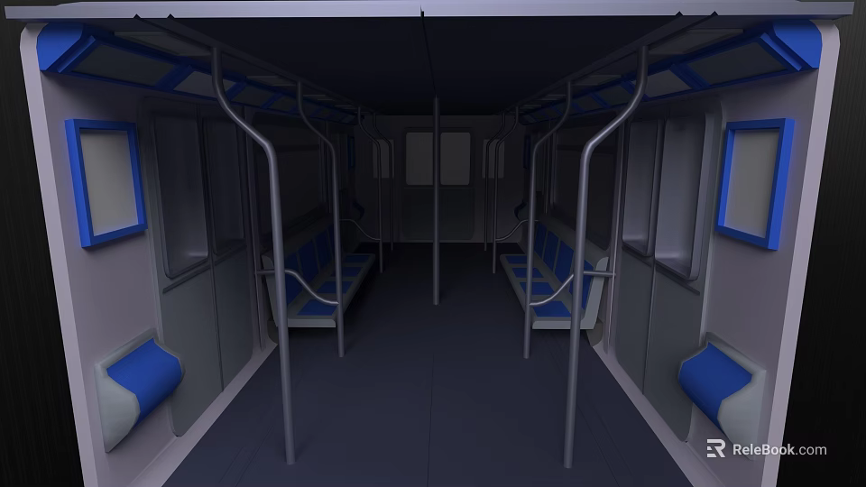 Modern Subway Interior Design Featuring Blue Seats Metal Handrails And Windows 3d model 