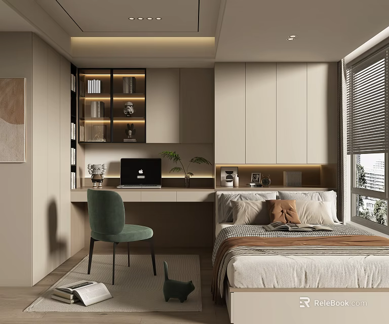 Modern Tatami Bedroom Interior Design With Bed Desk Laptop Green Chair And Bookshelf 3d model 