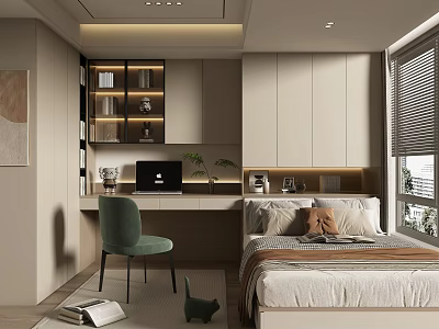 Modern Tatami Bedroom Interior Design With Bed Desk Laptop Green Chair And Bookshelf 3d model
