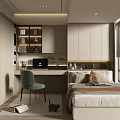Modern Tatami Bedroom Interior Design With Bed Desk Laptop Green Chair And Bookshelf