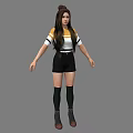 Young Woman With Long Brown Hair Wearing Striped Top Black Shorts And Brown Boots