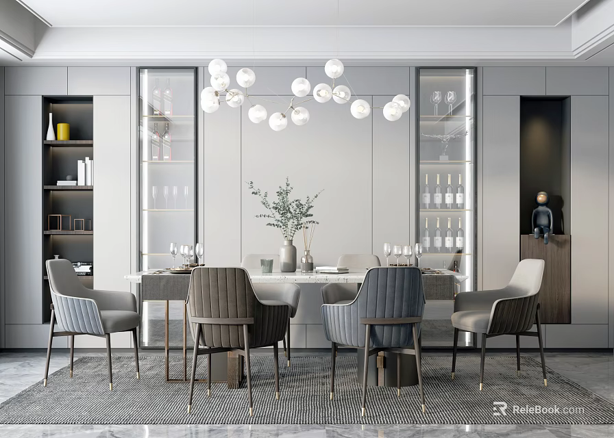 Elegant Modern Restaurant Interior Design With Dining Table Gray Chairs And Pendant Lights 3d model