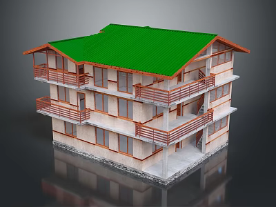 Cartoon Style Three Story Building With Green Roof Beige Walls And Red Railings 3d model